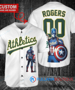 Oakland Athletics x Marvel Captain America Steve Rogers with Trophy Custom Baseball Jersey White