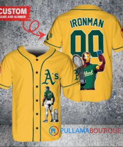 Oakland Athletics x Marvel Iron Man Tony Stark with Trophy Custom Baseball Jersey Gold