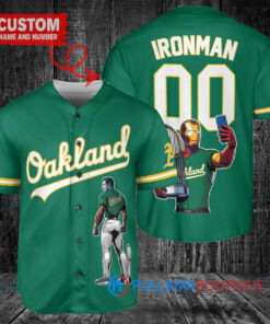 Oakland Athletics x Marvel Iron Man Tony Stark with Trophy Custom Baseball Jersey Green