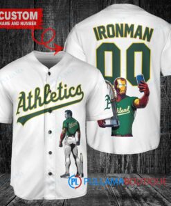 Oakland Athletics x Marvel Iron Man Tony Stark with Trophy Custom Baseball Jersey White