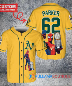 Oakland Athletics x Marvel Spiderman with Trophy Custom Baseball Jersey Gold