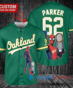 Oakland Athletics x Marvel Spiderman with Trophy Custom Baseball Jersey Green