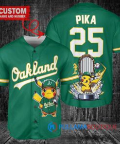 Oakland Athletics x Pikachu Pokemon with Trophy Custom Baseball Jersey Green