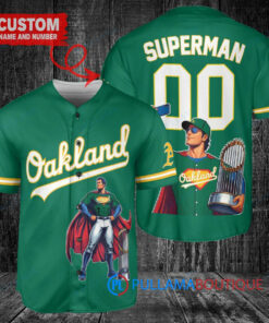 Oakland Athletics x Superman DC Comics with Trophy Custom Baseball Jersey Green