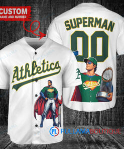 Oakland Athletics x Superman DC Comics with Trophy Custom Baseball Jersey White