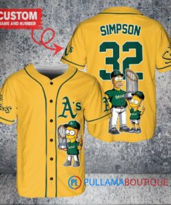 Oakland Athletics x The Simpsons Bart Simpson, Homer Simpson, Lisa Simpson with Trophy Custom Baseball Jersey Gold