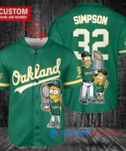 Oakland Athletics x The Simpsons Bart Simpson, Homer Simpson, Lisa Simpson with Trophy Custom Baseball Jersey Green