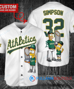 Oakland Athletics x The Simpsons Bart Simpson, Homer Simpson, Lisa Simpson with Trophy Custom Baseball Jersey White