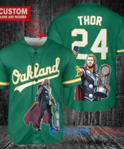 Oakland Athletics x Thor Marvel with Trophy Custom Baseball Jersey Green