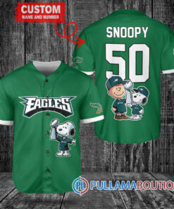 Philadelphia Eagles x Snoopy and Charlie Brown with Trophy Custom Baseball Jersey Kelly Green