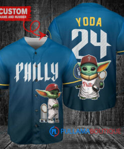 Philadelphia Phillies x Baby Yoda Star Wars The Mandalorian with Trophy Custom Baseball Jersey Blue City Connect