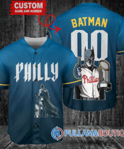 Philadelphia Phillies x DC Comics Batman The Dark Knight with Trophy Custom Baseball Jersey Blue City Connect