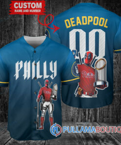 Philadelphia Phillies x Deadpool with Trophy Custom Baseball Jersey Blue City Connect