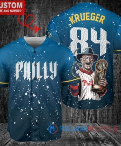 Philadelphia Phillies x Freddy Krueger A Nightmare on Elm Street Halloween with World Series Trophy Custom Baseball Jersey Blue City Connect