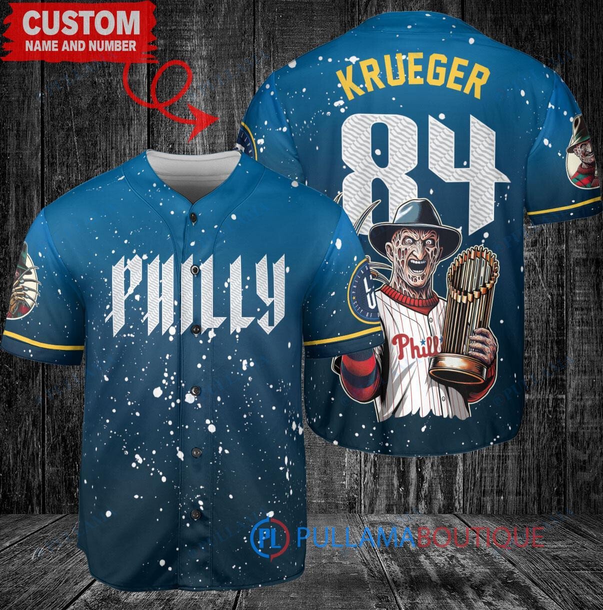 Philadelphia Phillies x Freddy Krueger A Nightmare on Elm Street Halloween with World Series Trophy Custom Baseball Jersey Light Blue