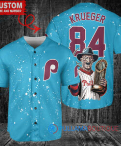 Philadelphia Phillies x Freddy Krueger A Nightmare on Elm Street Halloween with World Series Trophy Custom Baseball Jersey Light Blue