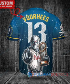 Philadelphia Phillies x Friday the 13th Jason Voorhees Halloween with World Series Trophy Custom Baseball Jersey Blue City Connect