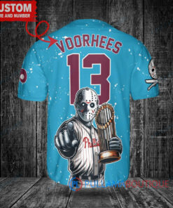 Philadelphia Phillies x Friday the 13th Jason Voorhees Halloween with World Series Trophy Custom Baseball Jersey Light Blue