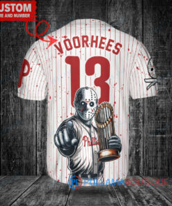 Philadelphia Phillies x Friday the 13th Jason Voorhees Halloween with World Series Trophy Custom Baseball Jersey White