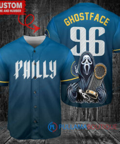 Philadelphia Phillies x Ghostface Scream Halloween Halloween with World Series Trophy Custom Baseball Jersey Blue City Connect