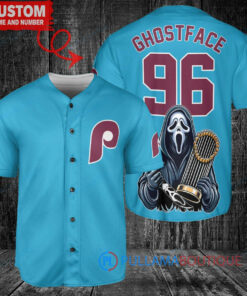 Philadelphia Phillies x Ghostface Scream Halloween Halloween with World Series Trophy Custom Baseball Jersey Light Blue