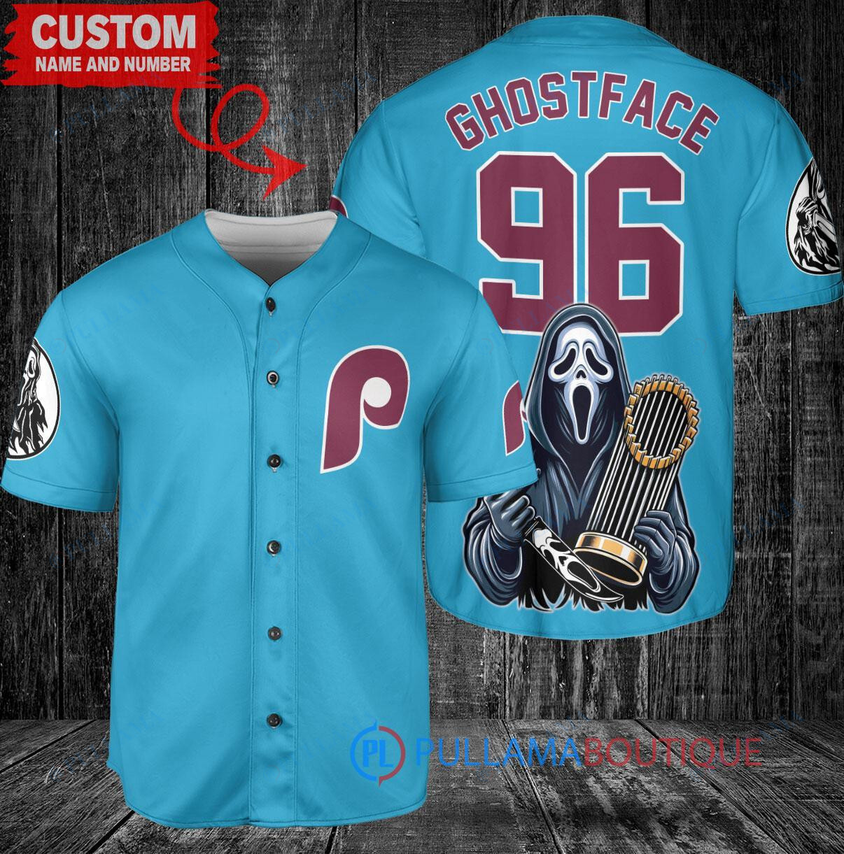 New York Mets x Ghostface Scream Halloween Halloween with World Series Trophy Custom Baseball Jersey Black