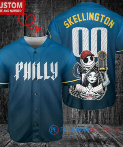 Philadelphia Phillies x Jack Skellington and Sally The Nightmare Before Christmas with World Series Trophy Custom Baseball Jersey Blue City Connect