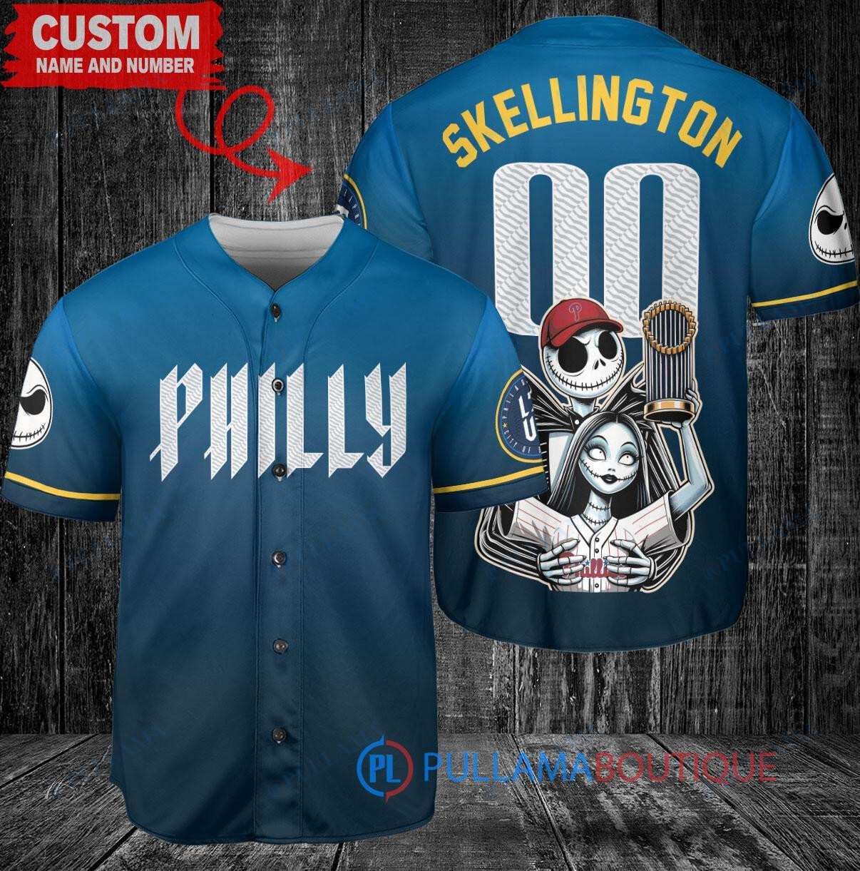 Atlanta Braves Jack Skellington Sally World Series Trophy Baseball Jersey Gray