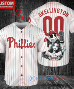 Philadelphia Phillies x Jack Skellington and Sally The Nightmare Before Christmas with World Series Trophy Custom Baseball Jersey White