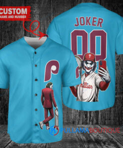 Philadelphia Phillies x Joker DC Comics with Trophy Custom Baseball Jersey Light Blue