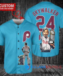 Philadelphia Phillies x Luke Skywalker Star Wars with Trophy Custom Baseball Jersey Light Blue