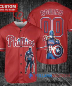 Philadelphia Phillies x Marvel Captain America Steve Rogers with Trophy Custom Baseball Jersey Red