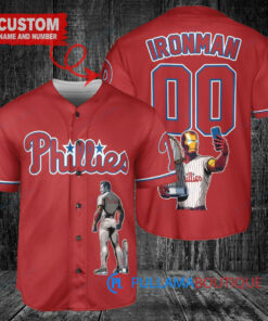 Philadelphia Phillies x Marvel Iron Man Tony Stark with Trophy Custom Baseball Jersey Red