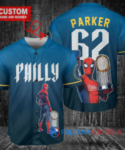 Philadelphia Phillies x Marvel Spiderman with Trophy Custom Baseball Jersey Blue City Connect