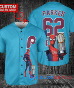 Philadelphia Phillies x Marvel Spiderman with Trophy Custom Baseball Jersey Light Blue