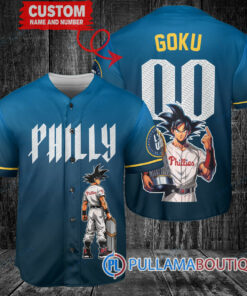 Philadelphia Phillies x Son Goku Kakarot Super Saiyan Dragon Ball Z with Trophy Baseball Jersey Blue City Connect V2