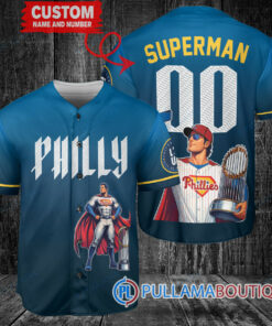 Philadelphia Phillies x Superman DC Comics with Trophy Custom Baseball Jersey Blue City Connect