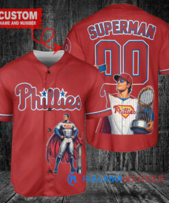 Philadelphia Phillies x Superman DC Comics with Trophy Custom Baseball Jersey Red