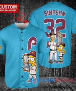 Philadelphia Phillies x The Simpsons Bart Simpson, Homer Simpson, Lisa Simpson with Trophy Custom Baseball Jersey Light Blue