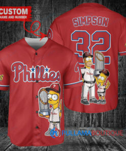 Philadelphia Phillies x The Simpsons Bart Simpson, Homer Simpson, Lisa Simpson with Trophy Custom Baseball Jersey Red