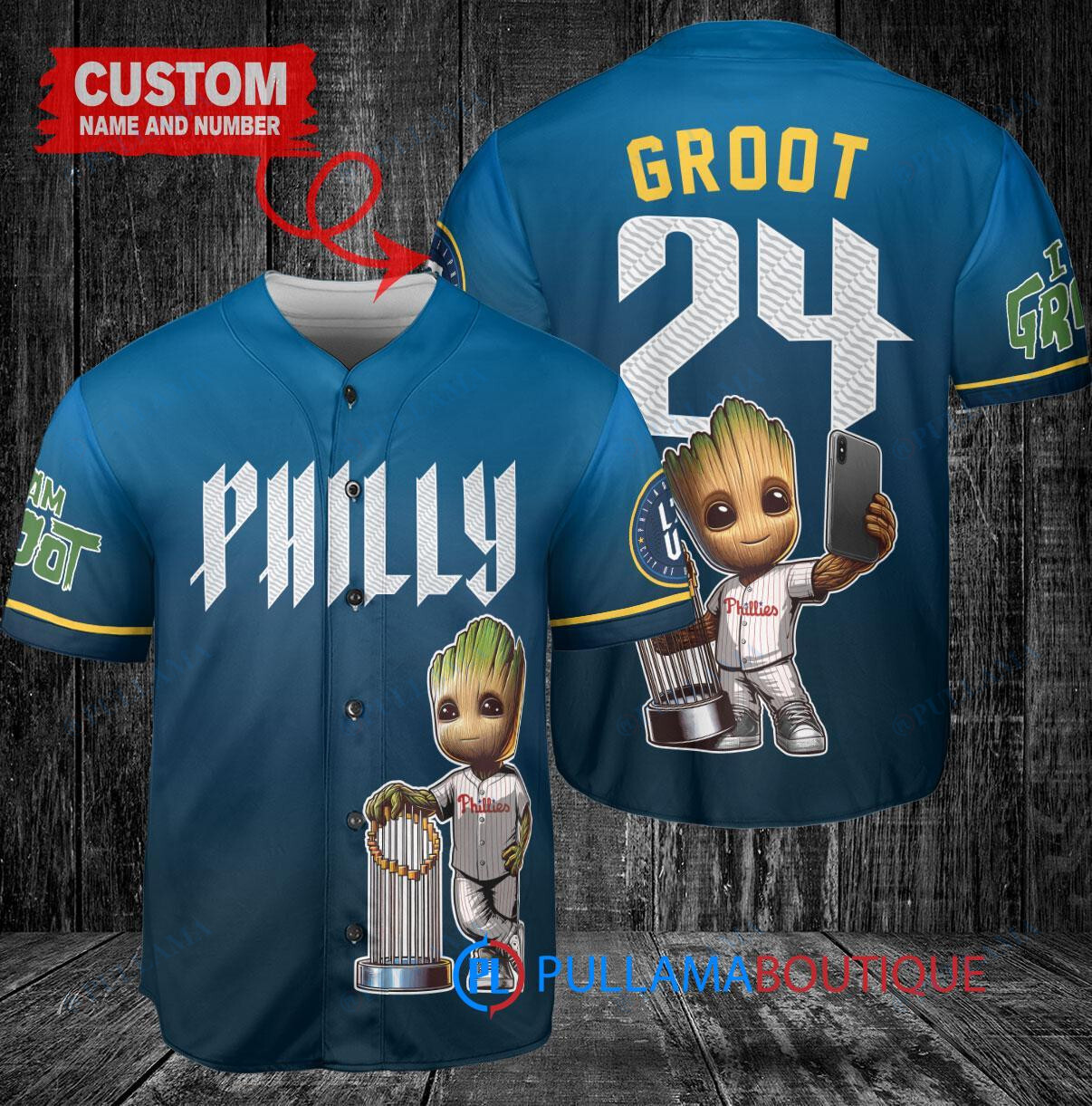 Atlanta Braves x Baby Groot Marvel Guardians Of The Galaxy with Trophy Custom Baseball Jersey Navy