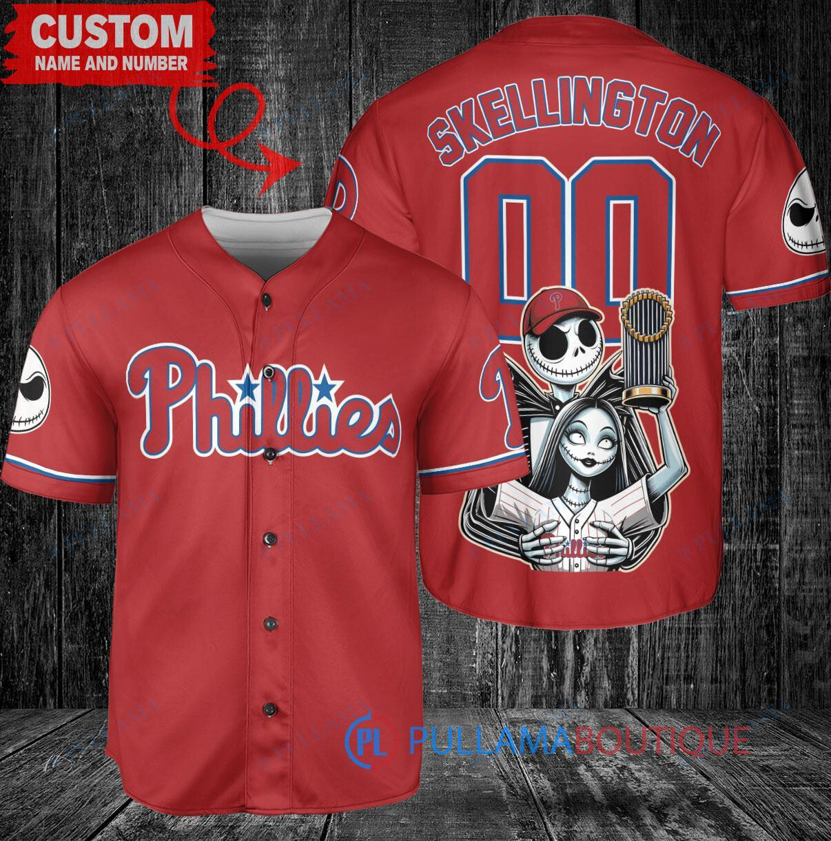 Chicago Cubs x Jack Skellington and Sally The Nightmare Before Christmas with World Series Trophy Custom Baseball Jersey Royal