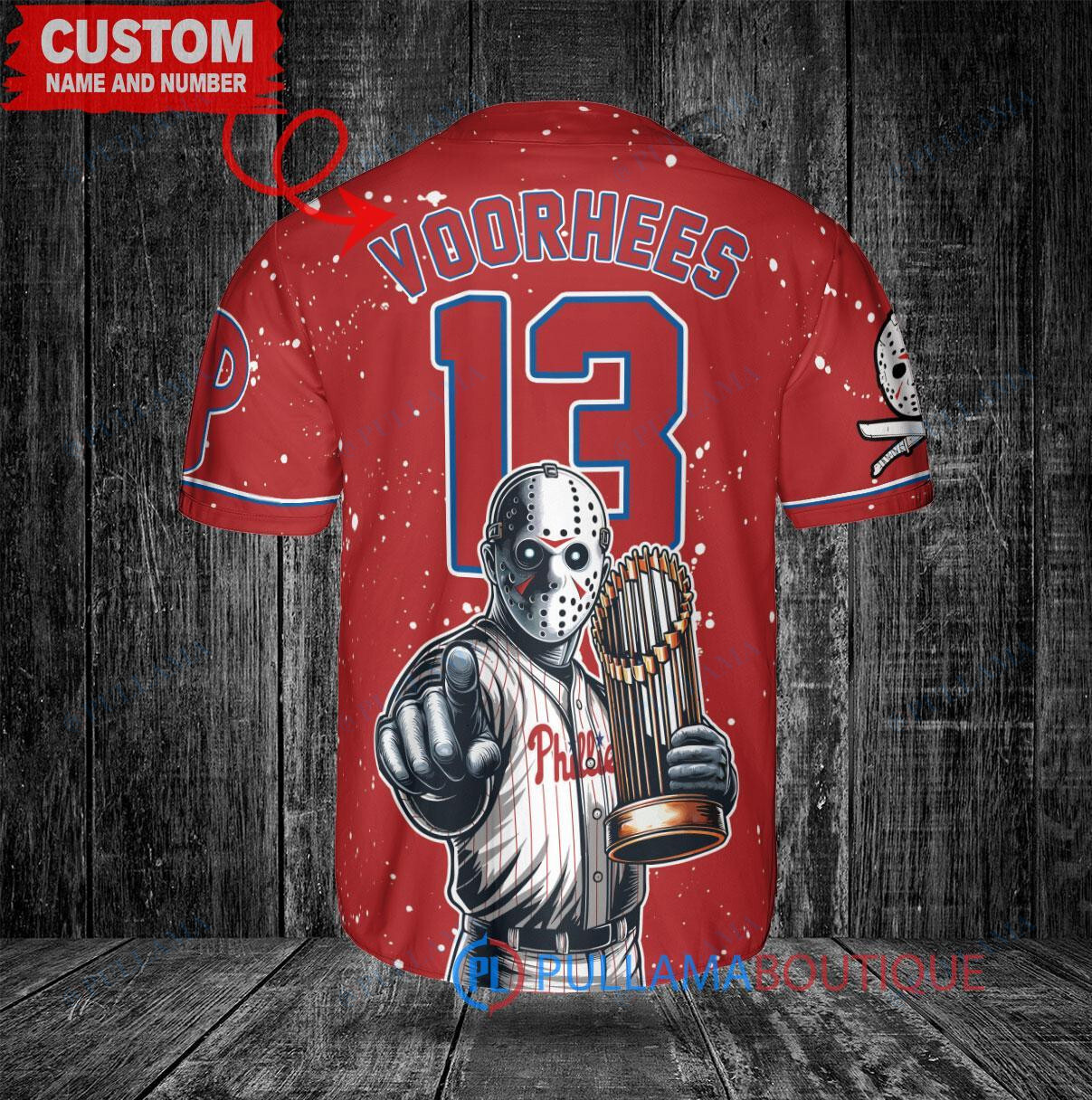 Boston Red Sox x Friday the 13th Jason Voorhees Halloween with World Series Trophy Custom Baseball Jersey Navy