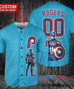 Phillies x Marvel Captain America Steve Rogers Baseball Jersey – Light Blue