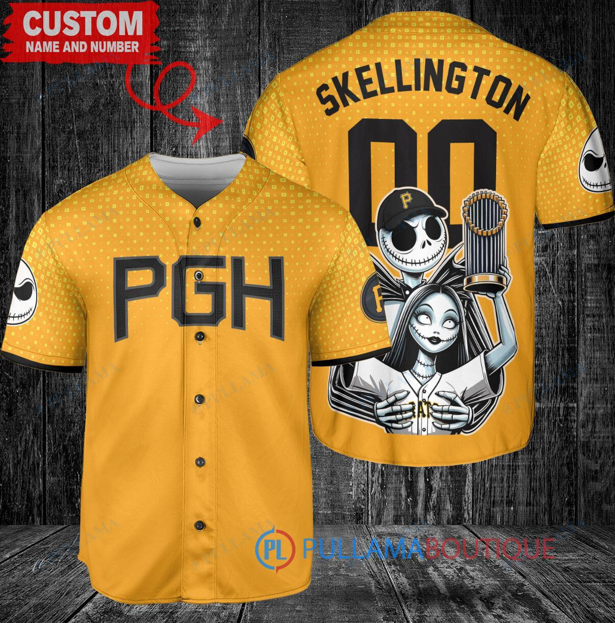 Houston Astros x Jack Skellington and Sally The Nightmare Before Christmas with World Series Trophy Custom Baseball Jersey Navy City Connect