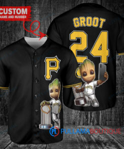 Pittsburgh Pirates x Baby Groot Marvel Guardians Of The Galaxy with Trophy Custom Baseball Jersey Black