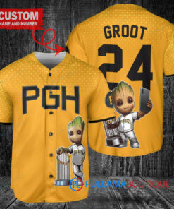 Pittsburgh Pirates x Baby Groot Marvel Guardians Of The Galaxy with Trophy Custom Baseball Jersey Gold City Connect