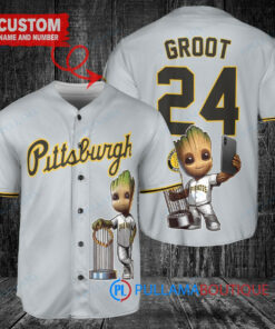 Pittsburgh Pirates x Baby Groot Marvel Guardians Of The Galaxy with Trophy Custom Baseball Jersey Gray