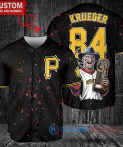 Pittsburgh Pirates x Freddy Krueger A Nightmare on Elm Street Halloween with World Series Trophy Custom Baseball Jersey Black