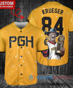 Pittsburgh Pirates x Freddy Krueger A Nightmare on Elm Street Halloween with World Series Trophy Custom Baseball Jersey Gold City Connect